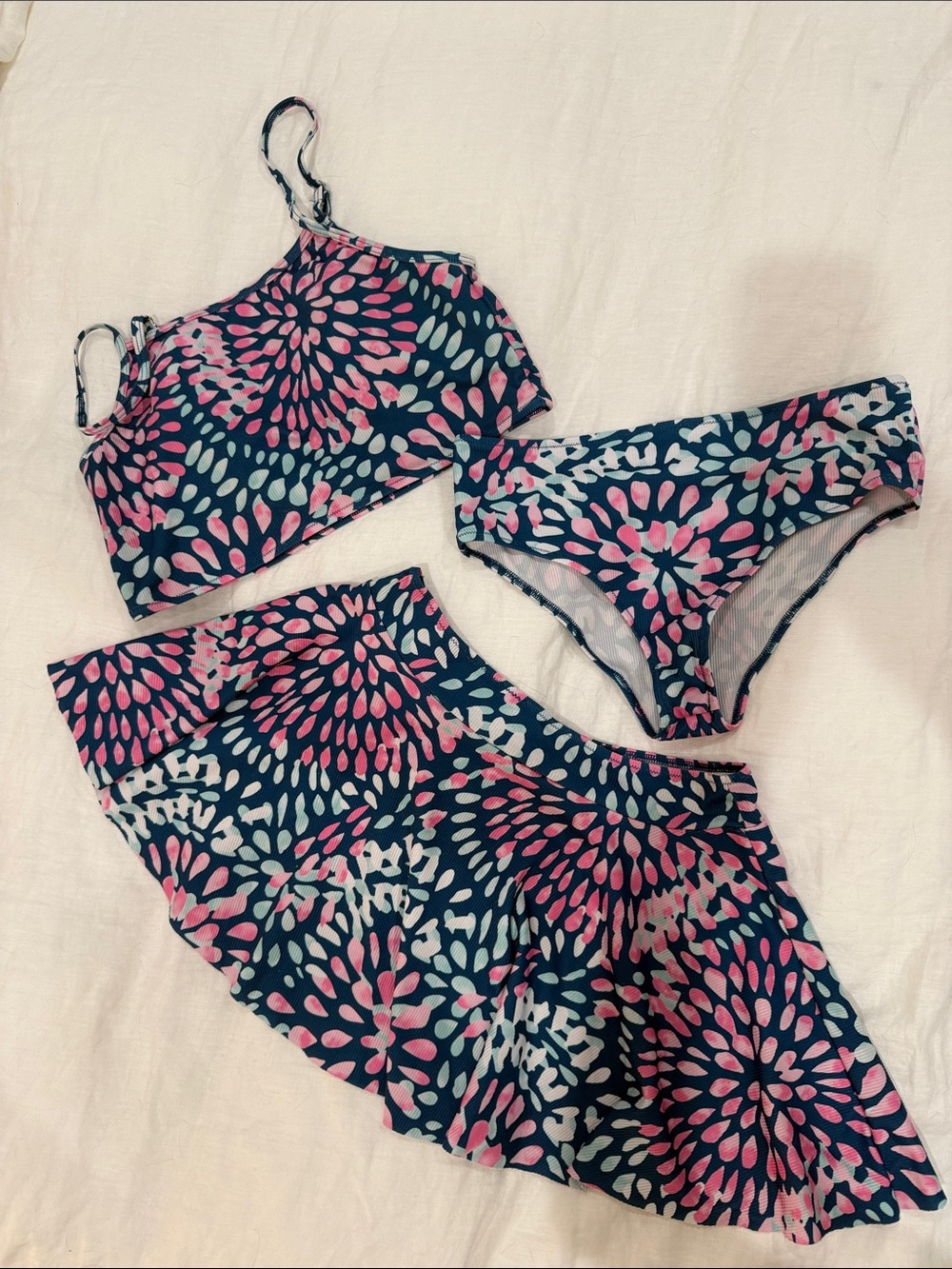 Girls Sz 16 Youth- Navy Floral Pink 3-Piece Swim Set with Skirt